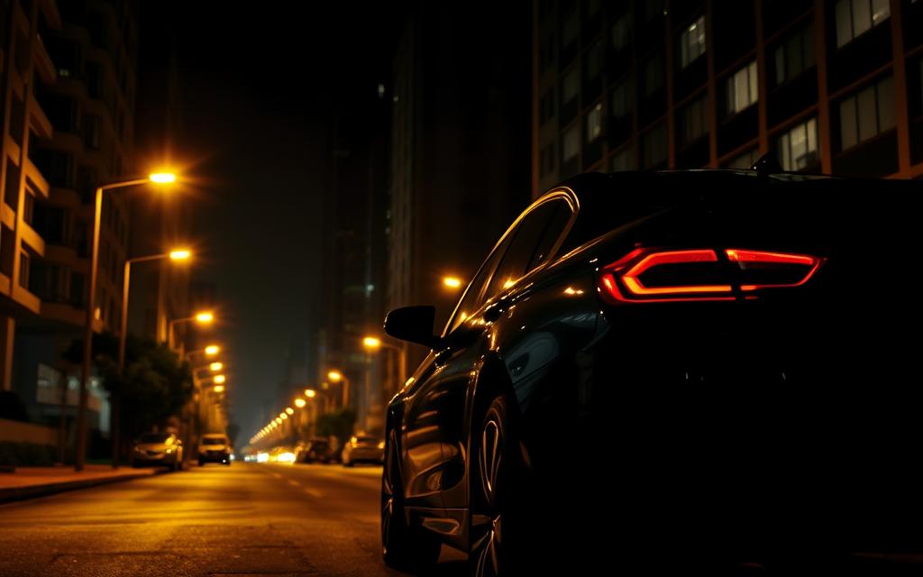 A dimly lit urban street at night, with a parked car in the foreground. The car's exterior is highlighted by warm, golden streetlights, casting dramatic shadows. In the background, towering buildings loom, their windows glowing softly, creating a sense of security and protection. The scene conveys a mood of vigilance, with the car's security features, such as an alarm system and anti-theft devices, subtly suggested. The image should evoke the importance of safeguarding one's vehicle against theft and burglary, aligning with the article's theme of "Proteção Veicular: Soluções para Proteger seu Carro" and the section title "Por que seu veículo precisa de proteção?".