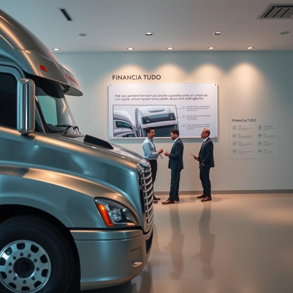A modern, well-lit interior scene showcasing a Financia Tudo-branded office space. In the foreground, a large, sleek truck stands prominently, its metallic finish gleaming under the soft, diffused lighting. The middle ground features a team of financial advisors discussing truck financing options with a potential customer, their expressions focused and engaged. In the background, a wall-mounted display highlights key details about Financia Tudo's truck financing services. The overall mood is professional, informative, and visually appealing, conveying the expertise and reliability of the company's truck financing solutions.
