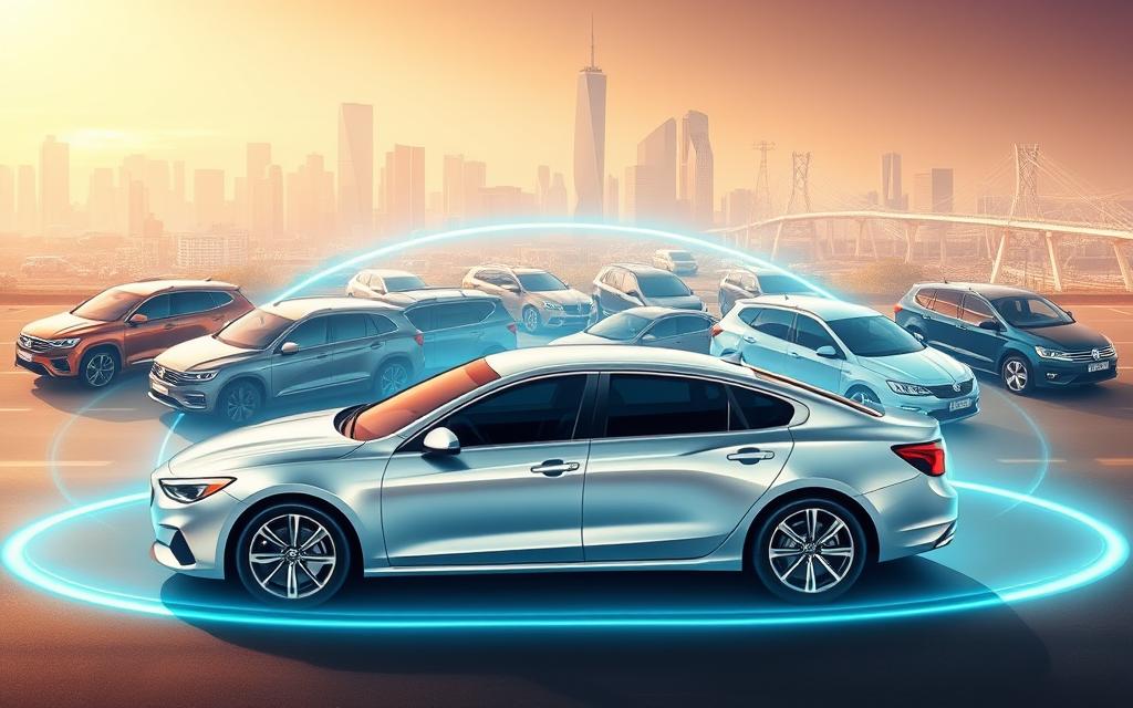 A vibrant and modern illustration depicting "Mutual Vehicle Protection". In the foreground, a sleek, silver sedan is prominently displayed, surrounded by a protective energy field that pulses with a soft, azure glow. The middle ground features a diverse array of vehicle types, from family SUVs to rugged pickup trucks, all enveloped in the same protective aura. In the background, a cityscape of skyscrapers and infrastructure sets the scene, suggesting the comprehensive nature of this mutual protection solution. The lighting is warm and inviting, casting a gentle, optimistic tone. The composition is balanced and dynamic, highlighting the importance of this innovative approach to automotive safeguarding.