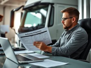 Proprietário de caminhão verificando documentos de elegibilidade