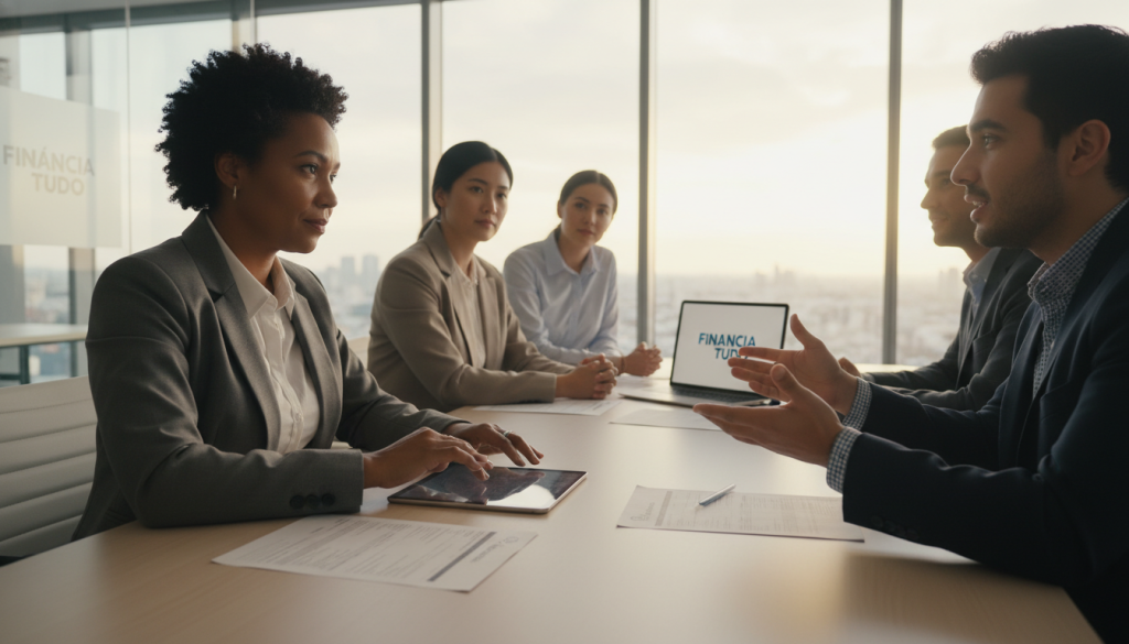 A diverse group of professionals in a modern office setting discussing financial options, representing the theme of credit access for individuals facing financial challenges. In the foreground, a middle-aged Black woman in professional attire looks thoughtfully at documents spread out on a sleek conference table. In the middle, a young Hispanic man gestures animatedly, engaged in the conversation. In the background, large windows showcase a cityscape under warm, natural light, creating an optimistic atmosphere. The room is bright and well-organized, emphasizing professionalism. Focus on realistic expressions of hope and determination. Include the logo of 