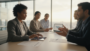 A diverse group of professionals in a modern office setting discussing financial options, representing the theme of credit access for individuals facing financial challenges. In the foreground, a middle-aged Black woman in professional attire looks thoughtfully at documents spread out on a sleek conference table. In the middle, a young Hispanic man gestures animatedly, engaged in the conversation. In the background, large windows showcase a cityscape under warm, natural light, creating an optimistic atmosphere. The room is bright and well-organized, emphasizing professionalism. Focus on realistic expressions of hope and determination. Include the logo of 