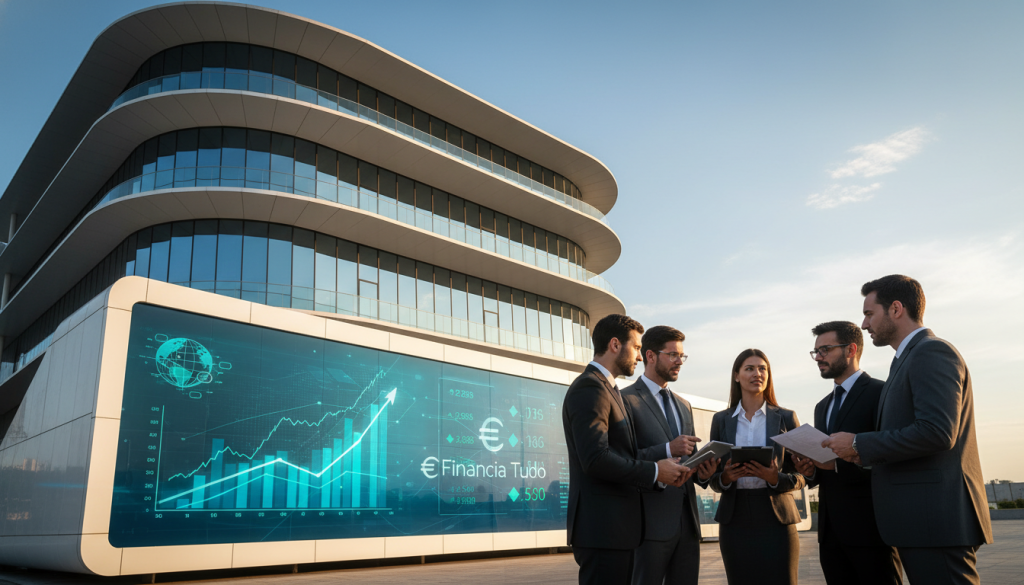 A modern and sleek depiction of a Central Bank building in Brazil, showcasing its architectural elegance with smooth lines and glass facades. In the foreground, a diverse group of professionals in business attire discuss financial documents, symbolizing trust and collaboration. In the middle ground, a large digital screen displays financial data and security metrics related to digital banking. The background features a bright blue sky with soft clouds, symbolizing transparency and stability. The lighting is warm and inviting, emphasizing a sense of security and professionalism. The scene conveys a mood of assurance and competence in the financial sector. Incorporate 