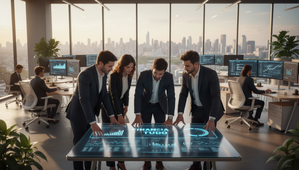 A modern digital bank office interior featuring a sleek, high-tech ambiance. In the foreground, a diverse group of professionals in business attire is engaged in a collaborative discussion around a digital tablet displaying financial data and graphs from 