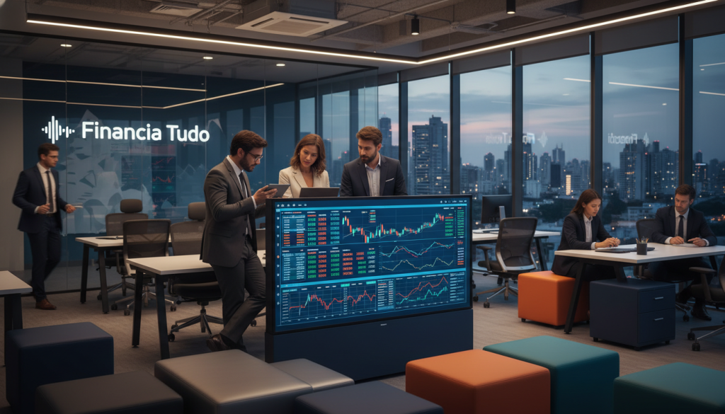 A modern fintech office scene bustling with activity, showcasing professionals in sleek business attire engaged with digital devices. In the foreground, a diverse group of two men and one woman collaborates over a tablet, their expressions focused and dynamic. The middle layer features a large screen displaying fintech analytics and digital currency charts, surrounded by contemporary furniture in a vibrant, tech-savvy environment. The background hints at a city skyline through floor-to-ceiling windows, illustrating the connection between technology and finance. Soft, ambient lighting enhances the atmosphere, creating a sense of innovation and progress. Prominently displayed is the logo 