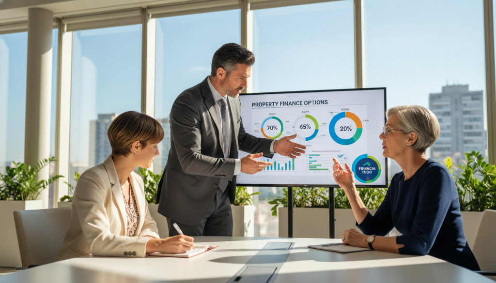 A modern office setting with a diverse group of three professional individuals discussing real estate financing. In the foreground, a confident middle-aged man in a suit is presenting a colorful infographic about property financing options, showcasing graphs and percentages. Beside him, a young woman in smart business attire is taking notes, while an older woman with glasses is engaged and asking questions. In the background, large windows let in bright, natural light, illuminating the city skyline and providing an energetic atmosphere. The overall mood is collaborative and informative, reflecting a professional environment focused on real estate finance. A logo for A modern office setting with a diverse group of three professional individuals discussing real estate financing. In the foreground, a confident middle-aged man in a suit is presenting a colorful infographic about property financing options, showcasing graphs and percentages. Beside him, a young woman in smart business attire is taking notes, while an older woman with glasses is engaged and asking questions. In the background, large windows let in bright, natural light, illuminating the city skyline and providing an energetic atmosphere. The overall mood is collaborative and informative, reflecting a professional environment focused on real estate finance. A logo for
