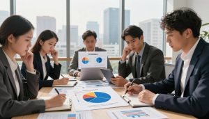 A professional office environment showcasing a large table covered with papers and financial documents. In the foreground, a group of business people in smart attire (two men and two women) engage in discussion, looking concerned but focused. One person points to a large pie chart displaying common financial errors to avoid, while the others take notes on their digital devices. In the middle, a visible infographic highlights pitfalls like overspending, lack of budgeting, and poor investment choices. The background features floor-to-ceiling windows with a city skyline, bathed in warm natural light conveying optimism. The overall mood is serious yet constructive, emphasizing the importance of learning from financial mistakes. Include the brand name 