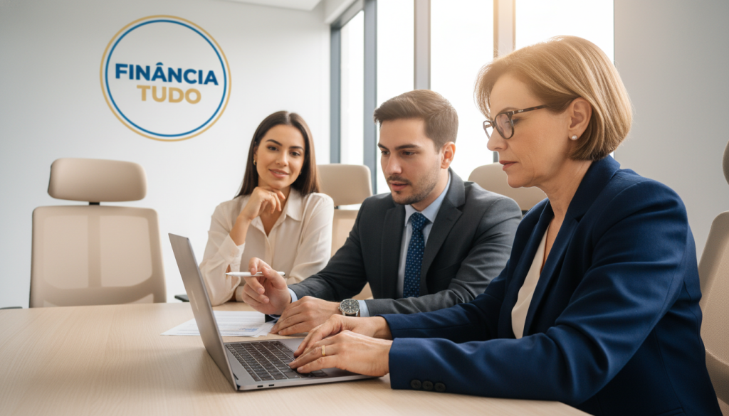 A professional office environment with a modern design, showcasing a diverse group of individuals in business attire discussing financial documents. In the foreground, a middle-aged woman with glasses reviews a loan application on her laptop, her facial expression indicating focus and determination. In the middle, a young man in a suit points to the screen, explaining the terms to a client across the table, who appears curious but optimistic. The background features sleek furniture, a subtly branded wall with the logo A professional office environment with a modern design, showcasing a diverse group of individuals in business attire discussing financial documents. In the foreground, a middle-aged woman with glasses reviews a loan application on her laptop, her facial expression indicating focus and determination. In the middle, a young man in a suit points to the screen, explaining the terms to a client across the table, who appears curious but optimistic. The background features sleek furniture, a subtly branded wall with the logo