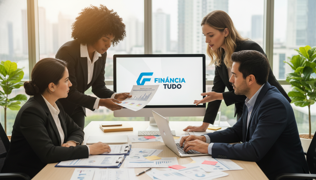 A professional setting illustrating the concept of credit analysis for individuals with negative credit histories. In the foreground, a diverse group of three professionals in business attire, including a Black woman analyzing documents, a Hispanic man using a laptop, and a Caucasian woman discussing among themselves. In the middle, a large table cluttered with financial paperwork, credit score charts, and a 