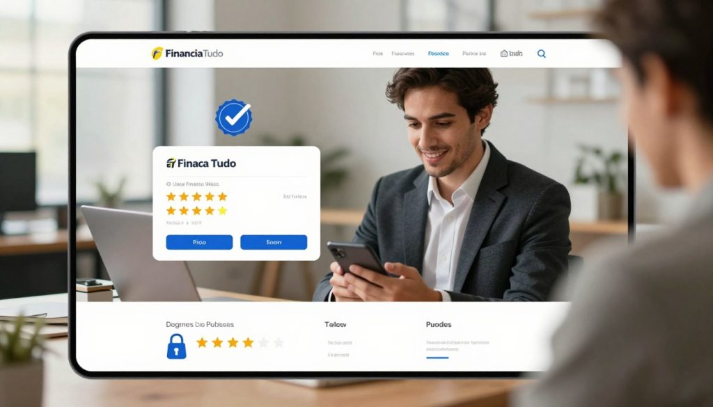 A professional, trustworthy website interface displayed prominently in the foreground, showcasing a secure online transaction screen with a checkmark symbol and security badge, representing reliability. In the middle ground, a person in business attire is thoughtfully reviewing user reviews and ratings on a digital device, with a clear expression of satisfaction and confidence in their decision-making. The background features a soft-focus office environment with warm, inviting lighting, enhancing a sense of professionalism and security. The overall atmosphere is positive and inspiring, encouraging safe online purchases. The brand 