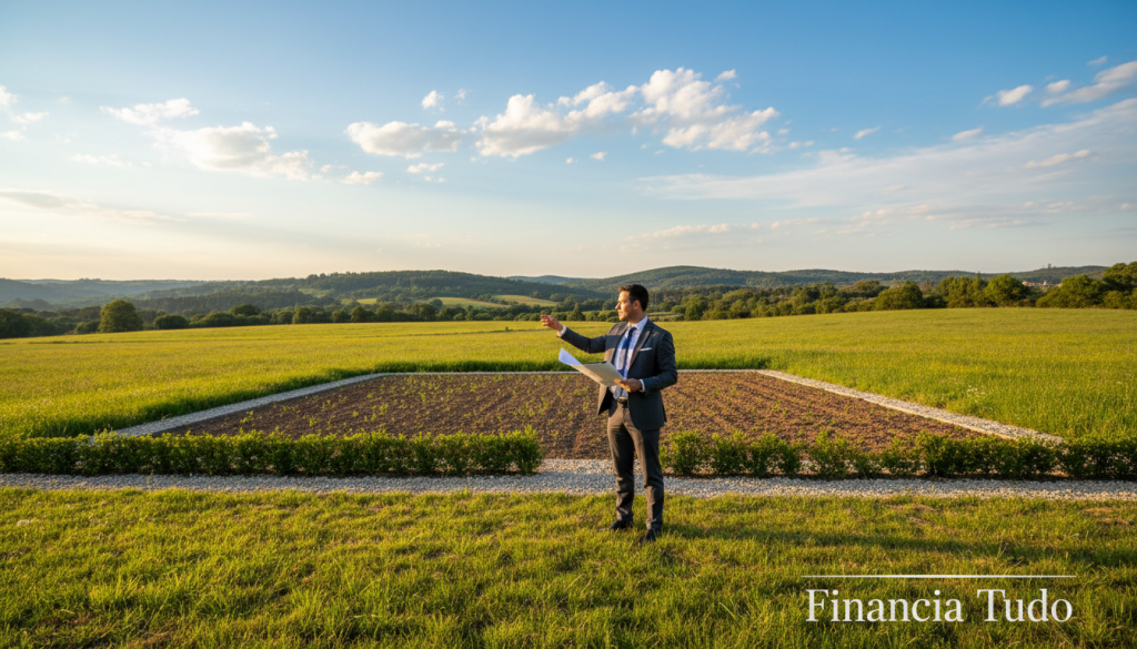 A serene landscape featuring a sprawling plot of land, representing 