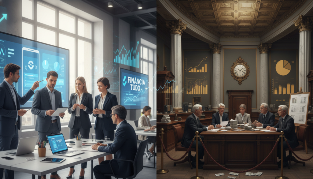 A split image depicting the contrasts between fintech and traditional banks. On the left, a modern fintech office, filled with young professionals in business attire collaborating around digital screens, showcasing mobile banking apps and innovative financial solutions. Bright, natural lighting floods the space, creating a vibrant atmosphere. On the right, a classic, formal traditional bank interior, with marble columns and an ornate ceiling, featuring older professionals in suits engaged in discussions, surrounded by paperwork and cash. The background should illustrate elements like charts and financial graphs merging between the two sides. Overall, balance the energetic innovation of fintech with the stability of traditional banking to highlight key differences. Include the brand name A split image depicting the contrasts between fintech and traditional banks. On the left, a modern fintech office, filled with young professionals in business attire collaborating around digital screens, showcasing mobile banking apps and innovative financial solutions. Bright, natural lighting floods the space, creating a vibrant atmosphere. On the right, a classic, formal traditional bank interior, with marble columns and an ornate ceiling, featuring older professionals in suits engaged in discussions, surrounded by paperwork and cash. The background should illustrate elements like charts and financial graphs merging between the two sides. Overall, balance the energetic innovation of fintech with the stability of traditional banking to highlight key differences. Include the brand name