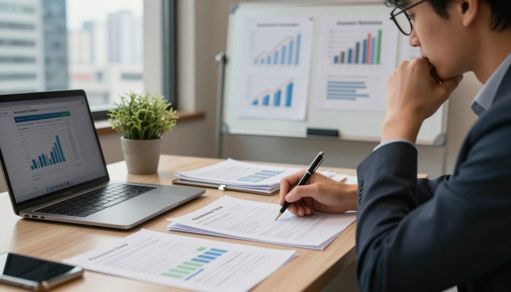A thoughtful scene illustrating the psychology of personal finance, focusing on a professional individual sitting at a sleek desk cluttered with financial documents and a laptop. In the foreground, a hand holding a pen hovers over a financial plan, symbolizing decision-making. The middle ground showcases a whiteboard filled with charts and graphs depicting income and expenses, while a small potted plant adds a touch of calm. In the background, a window reveals a bustling cityscape, reflecting the outside financial pressures. The lighting is soft yet focused, creating a warm atmosphere that evokes introspection and caution. The presence of the brand name 