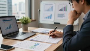 A thoughtful scene illustrating the psychology of personal finance, focusing on a professional individual sitting at a sleek desk cluttered with financial documents and a laptop. In the foreground, a hand holding a pen hovers over a financial plan, symbolizing decision-making. The middle ground showcases a whiteboard filled with charts and graphs depicting income and expenses, while a small potted plant adds a touch of calm. In the background, a window reveals a bustling cityscape, reflecting the outside financial pressures. The lighting is soft yet focused, creating a warm atmosphere that evokes introspection and caution. The presence of the brand name 