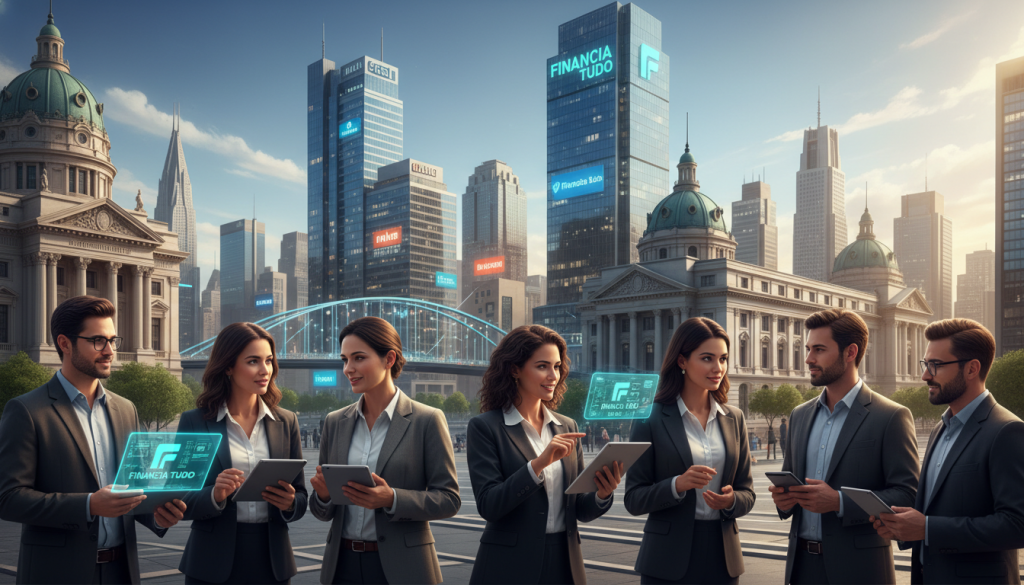 A vibrant and informative illustration of the Brazilian fintech landscape, featuring the brand A vibrant and informative illustration of the Brazilian fintech landscape, featuring the brand