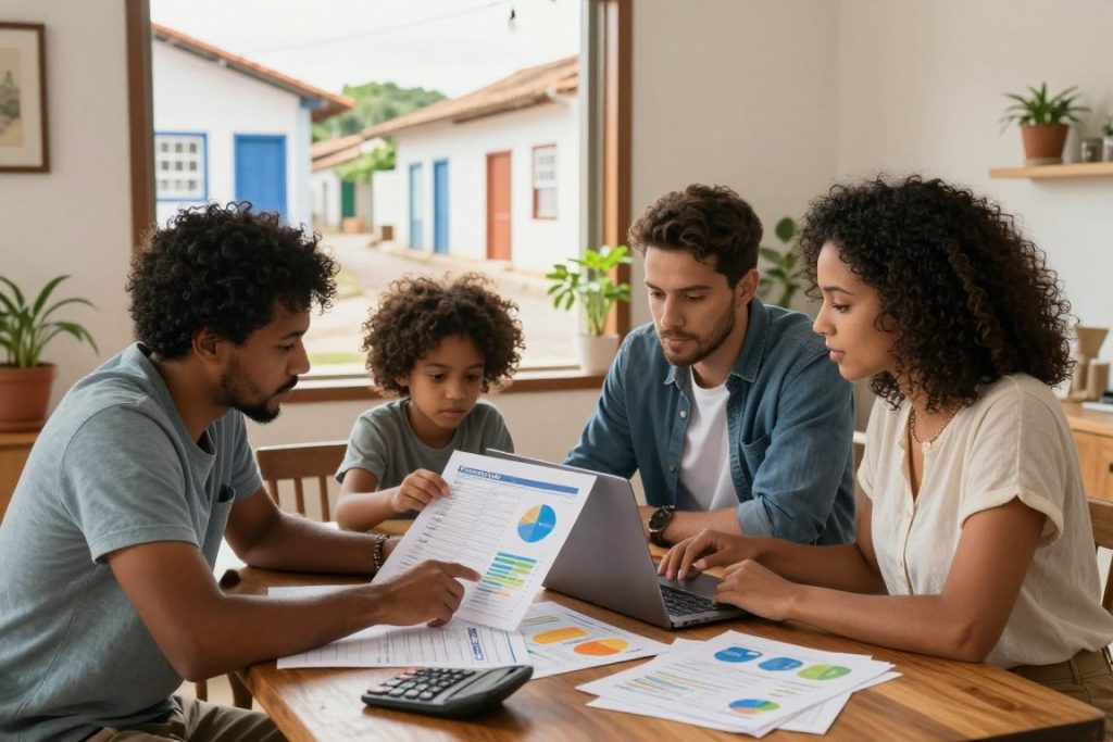 A well-organized family financial workspace in a cozy Brazilian home. In the foreground, a diverse family (a father, mother, and child) are engaged in a budgeting session, reviewing charts and spreadsheets together on a modern laptop. They are dressed in smart casual attire, with expressions of focus and determination. In the middle, there are colorful financial documents spread across a wooden dining table, along with a calculator and a potted plant for a touch of warmth. In the background, through a window, the view reveals a sunlit street lined with traditional Brazilian houses, creating an inviting and peaceful atmosphere. The overall lighting is soft and natural, suggesting early morning. Include the brand name A well-organized family financial workspace in a cozy Brazilian home. In the foreground, a diverse family (a father, mother, and child) are engaged in a budgeting session, reviewing charts and spreadsheets together on a modern laptop. They are dressed in smart casual attire, with expressions of focus and determination. In the middle, there are colorful financial documents spread across a wooden dining table, along with a calculator and a potted plant for a touch of warmth. In the background, through a window, the view reveals a sunlit street lined with traditional Brazilian houses, creating an inviting and peaceful atmosphere. The overall lighting is soft and natural, suggesting early morning. Include the brand name
