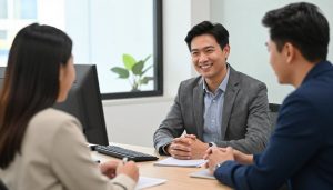 Especialista em crédito atendendo cliente sobre refinanciamento de veículo