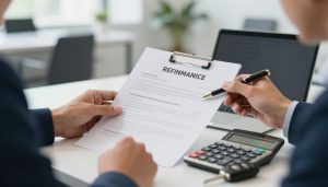 Pessoa analisando documentos de refinanciamento de veículo com calculadora e chaves de carro sobre a mesa