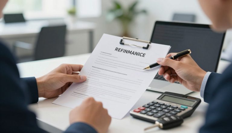 Pessoa analisando documentos de refinanciamento de veículo com calculadora e chaves de carro sobre a mesa