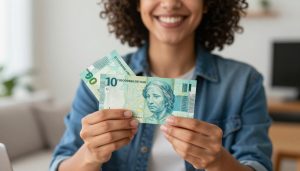 Pessoa feliz segurando dinheiro aprovado pelo refinanciamento de veículo