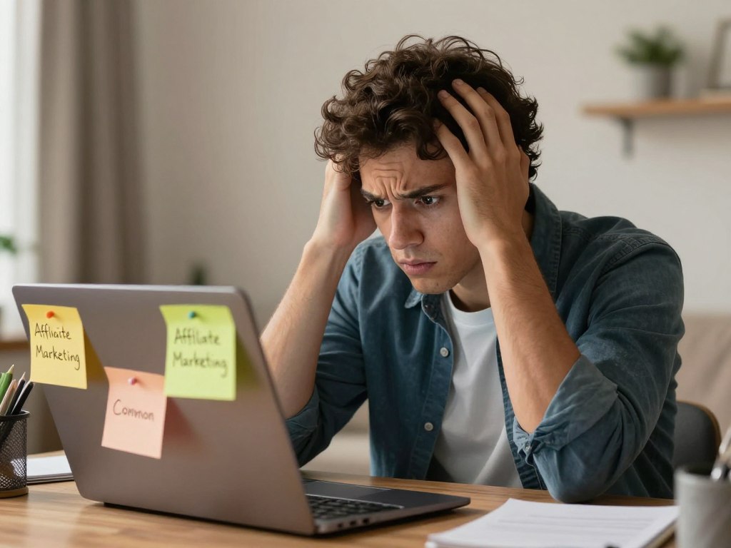 Pessoa frustrada olhando para computador representando erros comuns de afiliados iniciantes