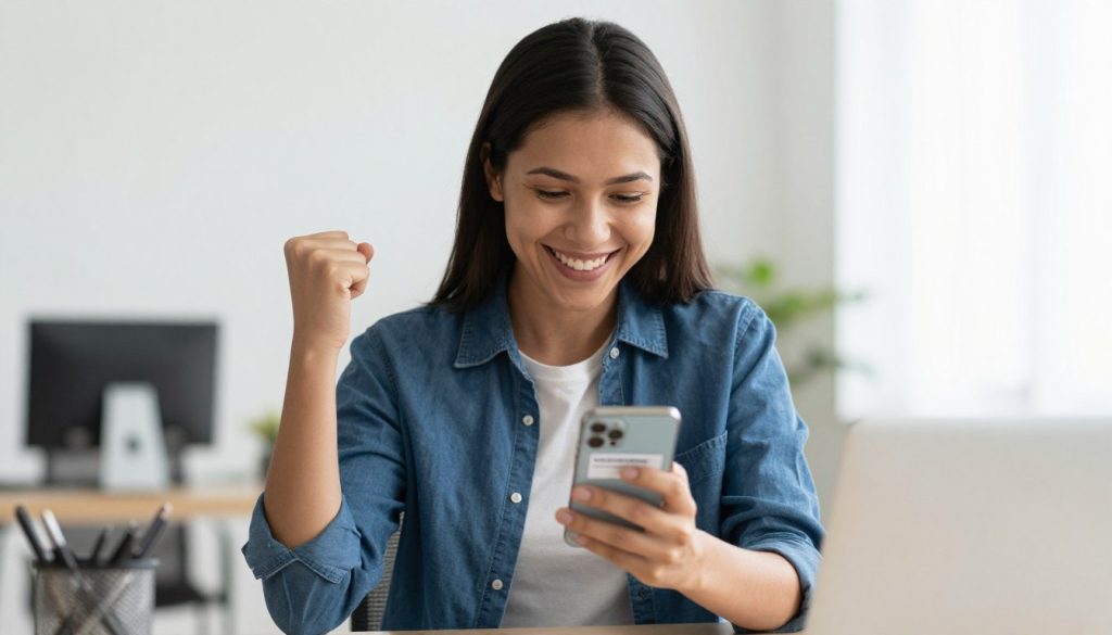 Pessoa sorridente verificando comissões recebidas em aplicativo de programa de afiliados