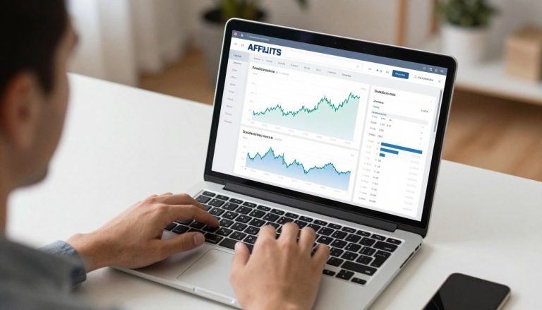 Pessoa trabalhando em computador analisando gráficos de comissões de programa de afiliados crédito