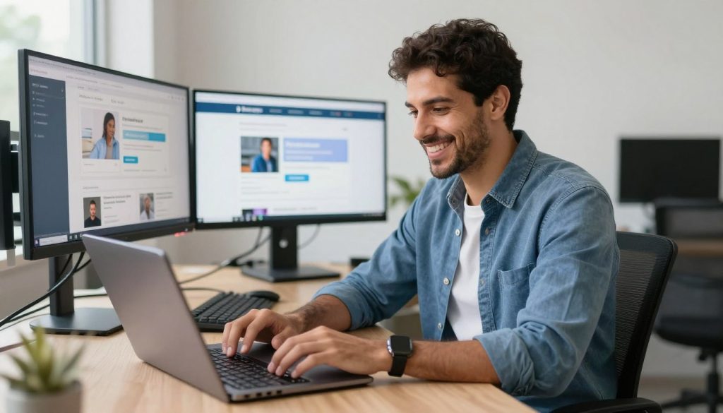 Profissional bem-sucedido trabalhando como afiliado de crédito com múltiplos dispositivos