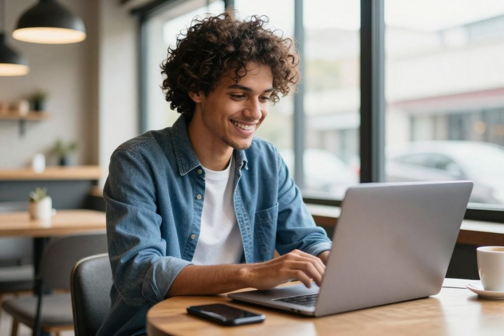 Profissional trabalhando remotamente em café com laptop mostrando liberdade do trabalho como afiliado