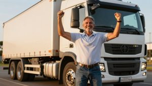 Caminhoneiro realizando sonho com financiamento aprovado