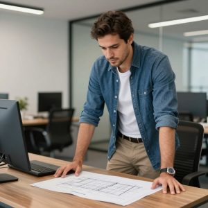 Empreendedor planejando conclusão de imóvel comercial